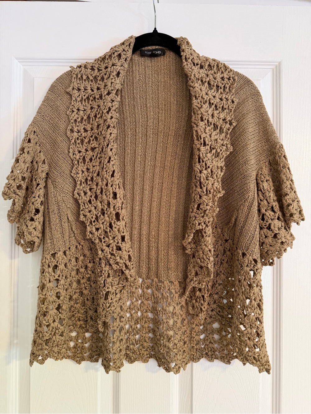 bebe Taupe Crochet-Trim Open Front Short Sleeve Cardigan